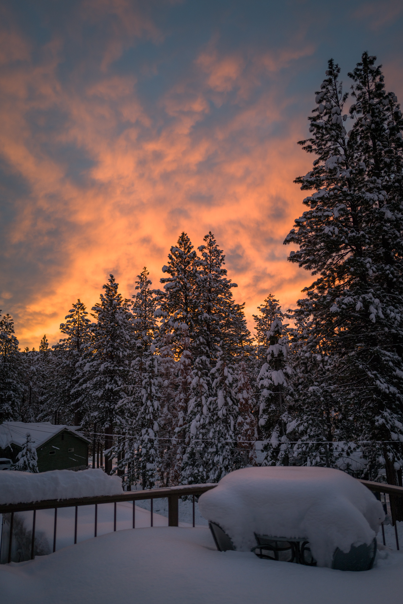 Golden winter sunrise on a snowy morning at Tahoe vacation rental