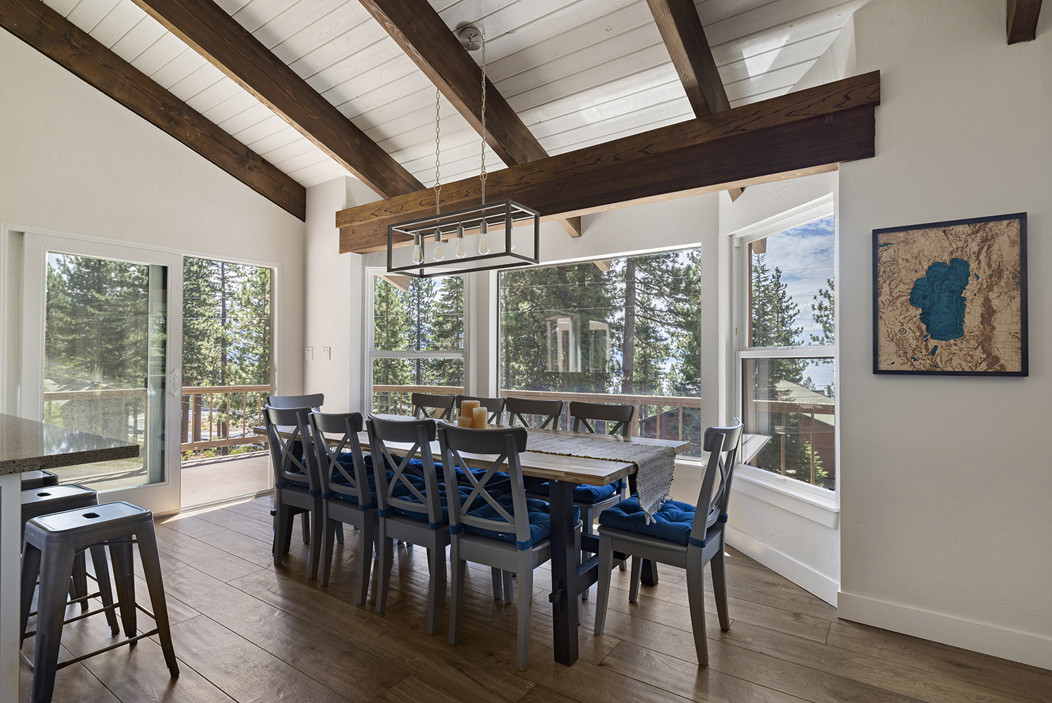 Dining area with seating for 10 people and view of Lake Tahoe at Tahoe vacation rental